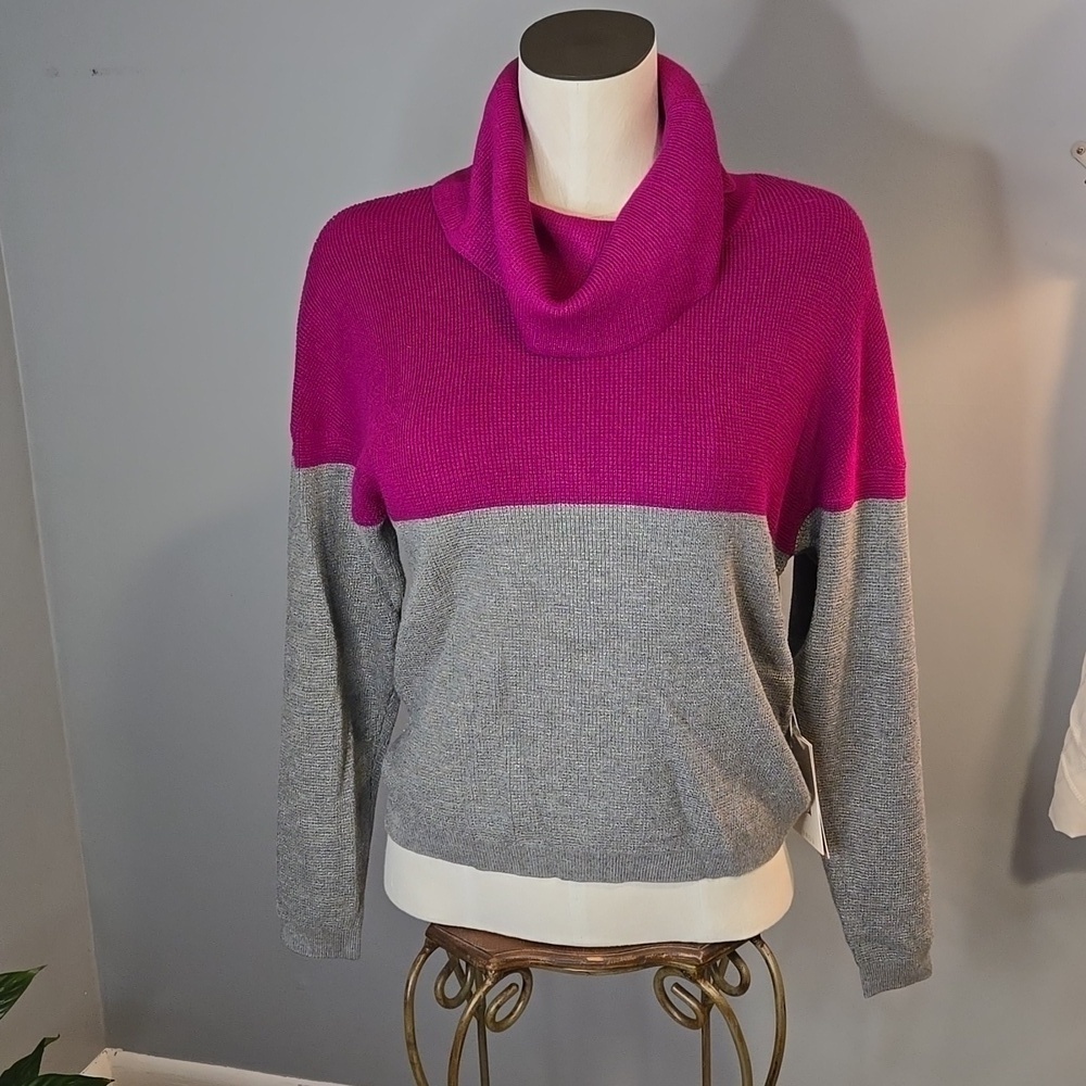 Cyrus Pink and Gray Oversized  Stretchy Colorblock Cowlneck Sweater - Size XS
